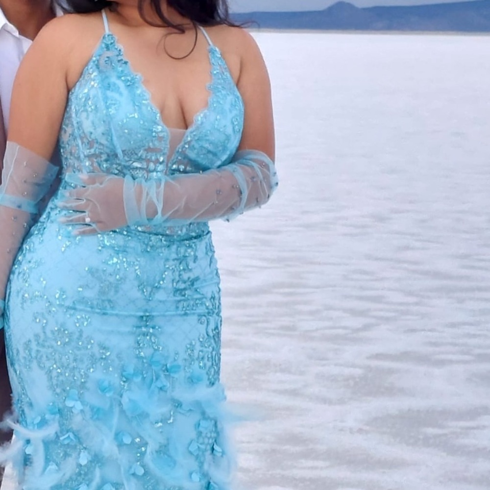Elegant Sky Blue Feathered Prom Dress